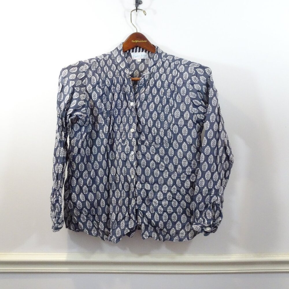 Charlotte Kellogg Palm Beach 100% Cotton Blue Leaf Print Blouse Size M Sheer